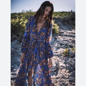 Alexis Livana Botanical Print Balloon Sleeve Ruffle Maxi Dress In Sapphire Batik